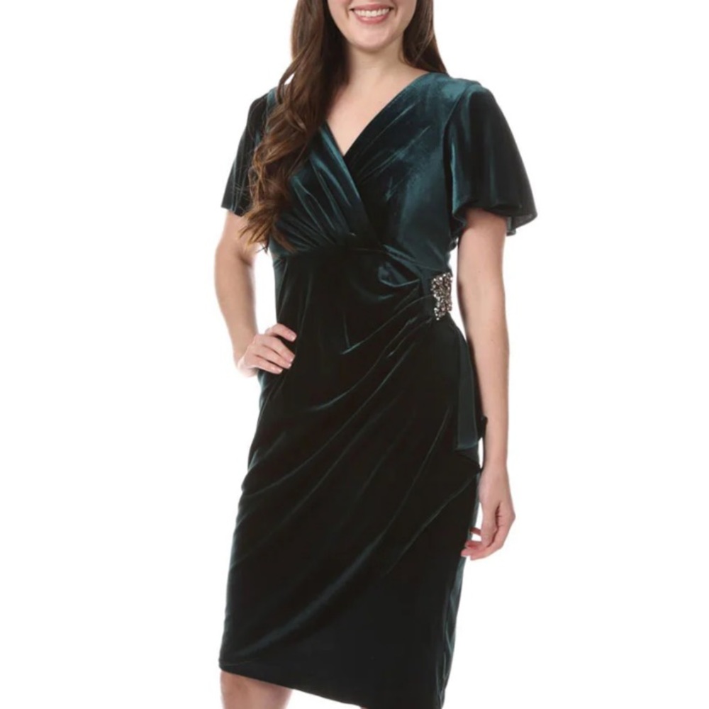 Velvet faux wrap emerald green dress